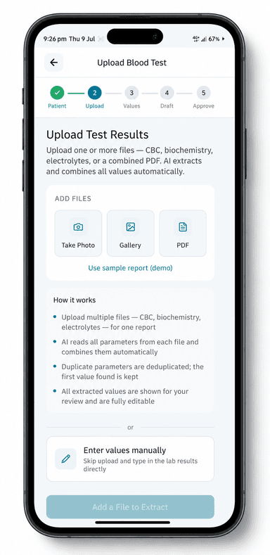 Upload Blood Test app screen