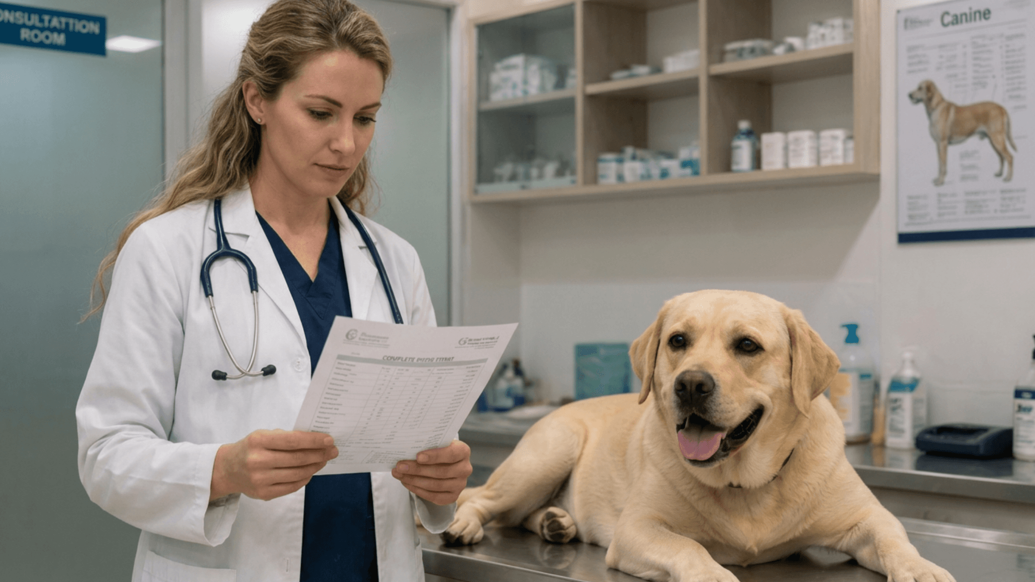 Veterinarian reviewing patient records with a Labrador in a consultation room
