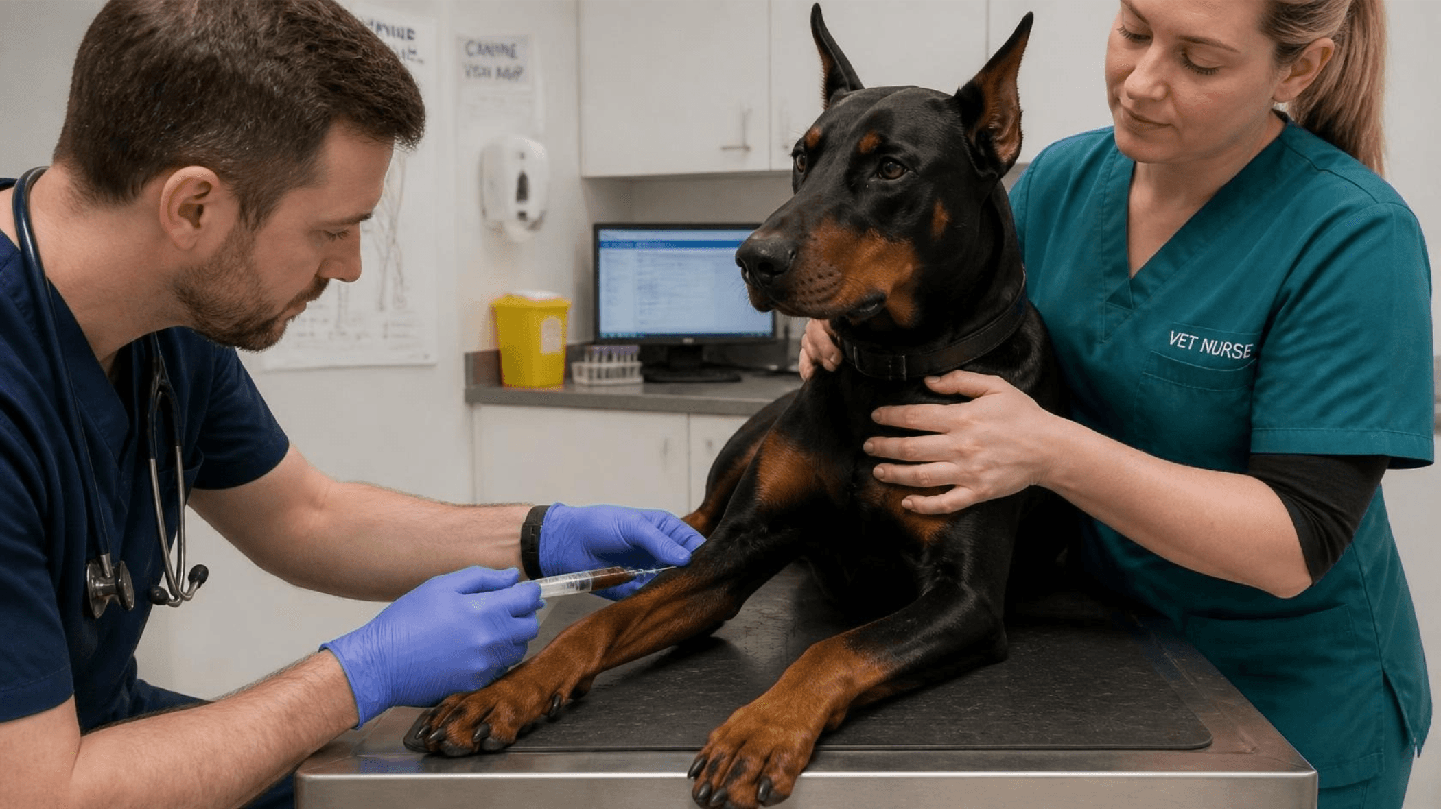 Veterinarian and vet nurse examining a Doberman in a clinic
